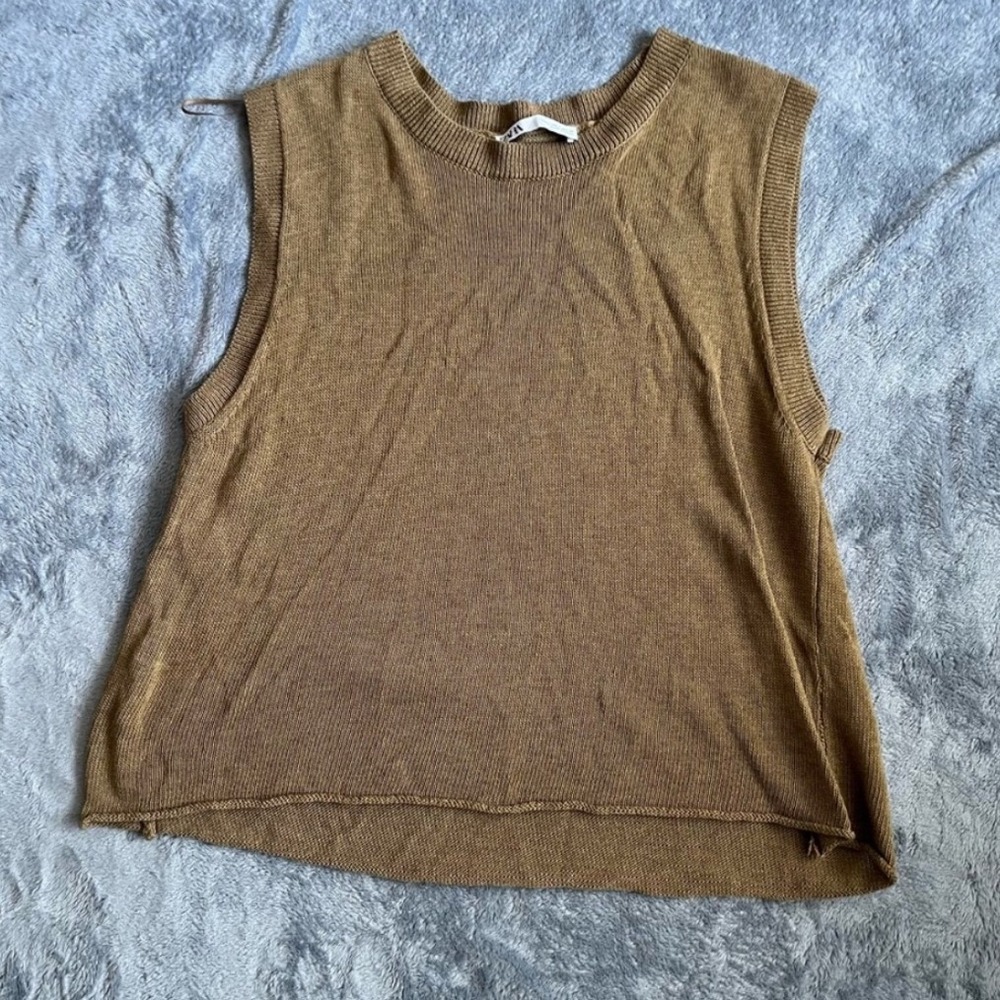 ZARA Womens Large Tan Knitted Shell Tank Top Sleeveless Crew Neck Camel Brown